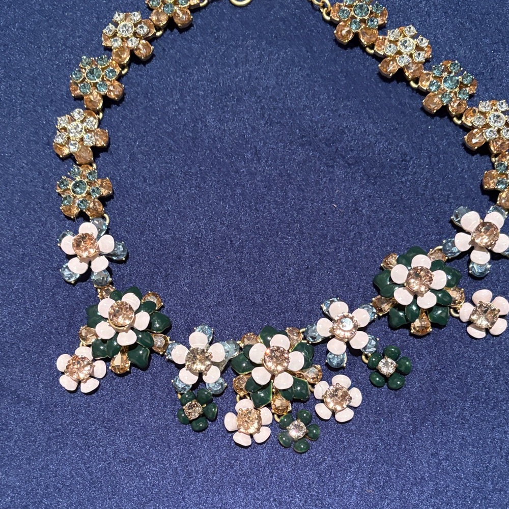 J Crew Floral Crystal Statement Necklace in Green and Pink